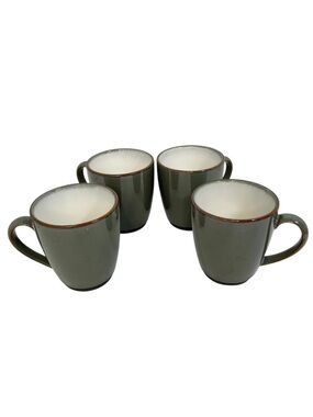 Sango Avocado Green Coffee Cups Brown Trim Stoneware Rustic Cabin Set of 4
